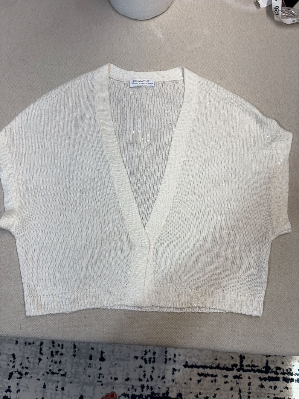 Rivamonti Cream Sequin V-Neck Cropped Sweater